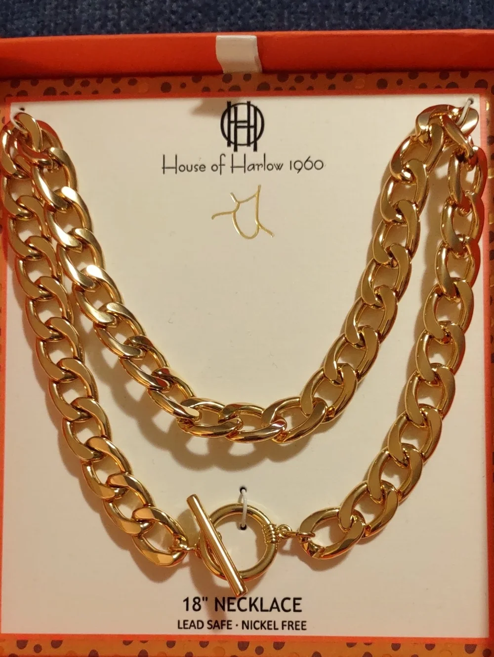 NWT House of Harlow 1960 Polished Gold Layered Dbl Row Curb Chain Toggle N-lace.
